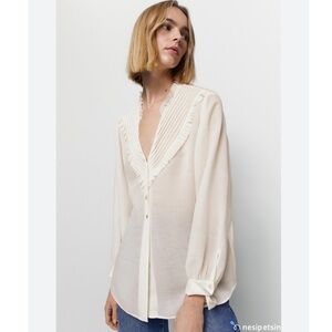 Massimo Dutti Wool Silk Pleated Bib Ruffle Blouse Sz- S Y2K IvyLeague Victorian